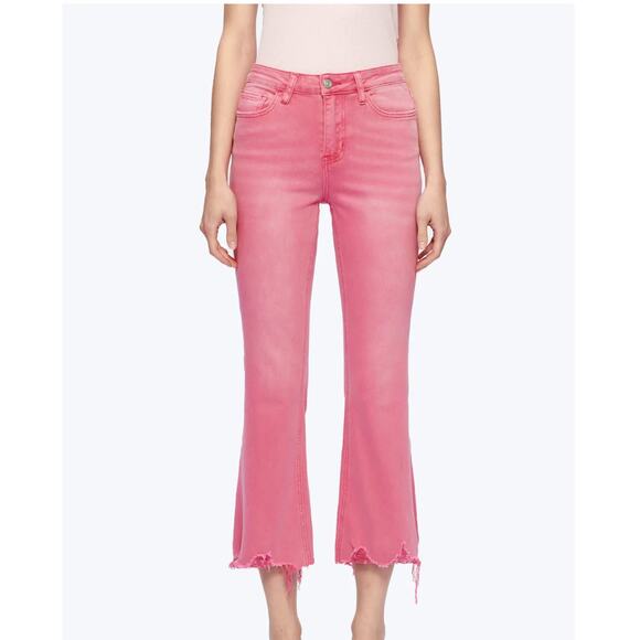 Bayeas High Rise Vintage Crop Flare Jeans Women’s 28 Pink Raw Hem Denim Retro - Picture 2 of 14